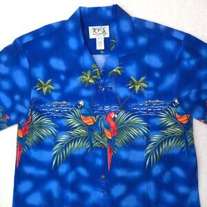 KY'S Hawaiian Mens Camp Shirt Large Parrots Macaws Trees Water Hawaii USA